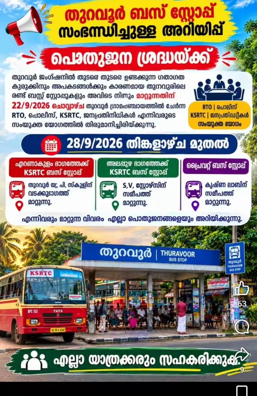 തുറവൂർ ബസ്സ് സ്റ്റോപ്പ് സംബന്ധിച്ചുള്ള അറിയിപ്പ്